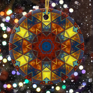 Adorno De Cerámica Mosaico Mandala Flor Amarillo Rojo y Azul