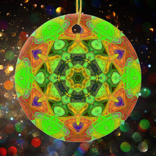 Adorno De Cerámica Mosaico Mandala Flor Naranja Verde y Amarillo