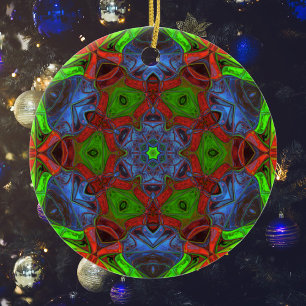 Adorno De Cerámica Mosaico Mandala Flor Verde Rojo y Azul