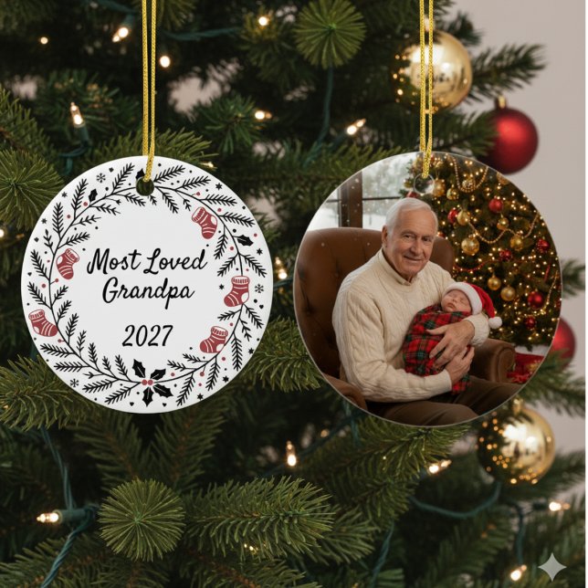 Adorno De Cerámica Most Loved Grandpa Christmas Round (Most Love Grandpa Christmas Photo Ornament)
