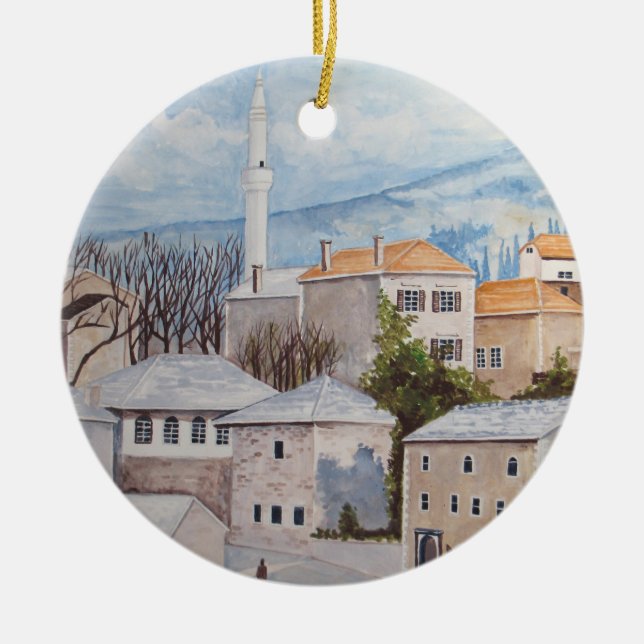 Adorno De Cerámica Mostar, Bosnia - Pintura del paisaje de acrílico (Frente)