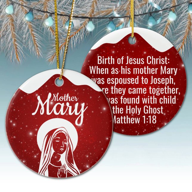 Adorno De Cerámica Mother Mary Matthew 1:18 Holy Ghost Passage  ⛪️ 🎄 (Customizable Mother Mary, Religious Holiday Ceramic Ornament snow capped red Christmas Ornament ✞)