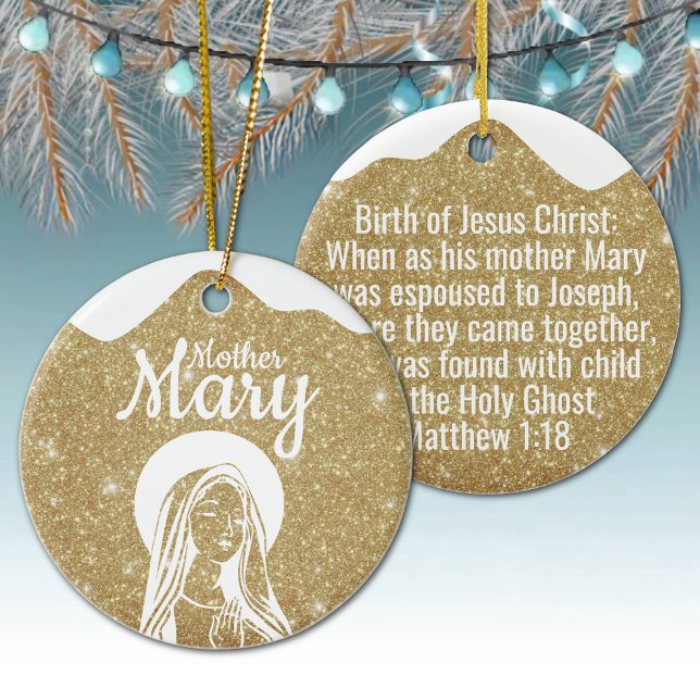 Adorno De Cerámica Mother Mary Matthew 1:18 Holy Ghost Passage  ⛪️ 🎄 (Customizable Mother Mary, Religious Holiday Ceramic Ornament snow capped gold Christmas Ornament ✞)