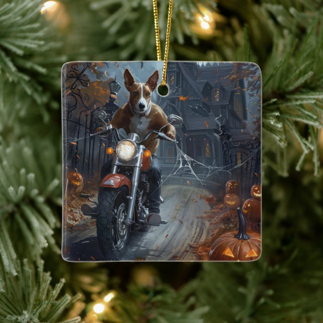 Adorno De Cerámica Motocicleta Basenji Halloween Scary (Árbol)