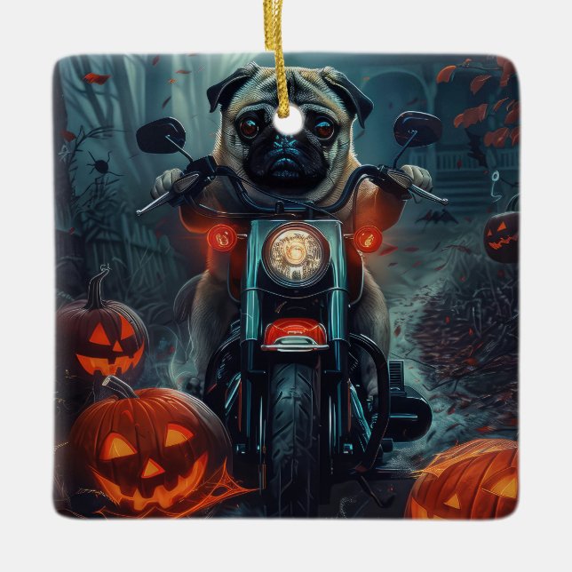 Adorno De Cerámica Motocicleta Pug Riding Halloween Scary (Anverso)