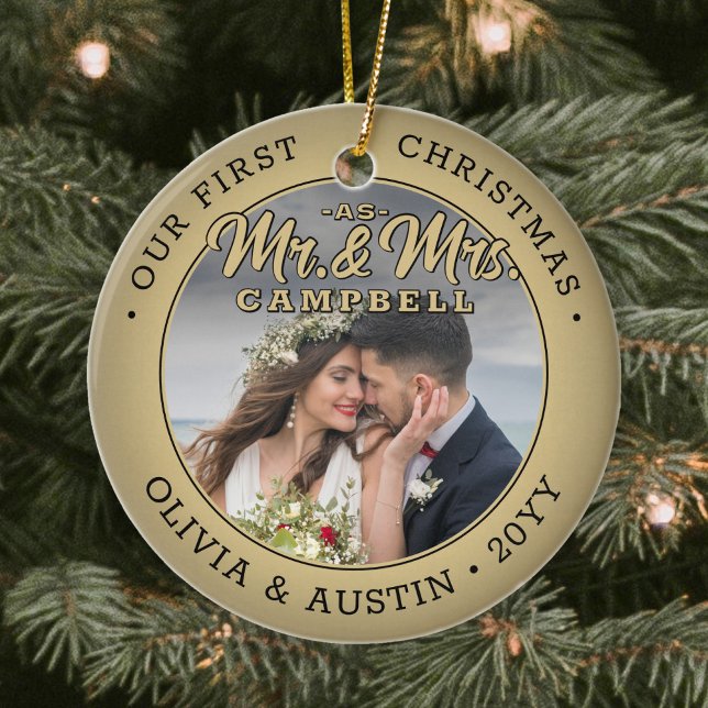 Adorno De Cerámica Mr & Mrs 2 Photo Newlyweds 1er Navidad Faux Gold (Subido por el creador)