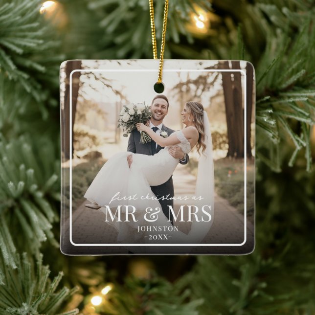 Adorno De Cerámica Mr & Mrs First Chirstmas Boarder Custom Photo  (Árbol)