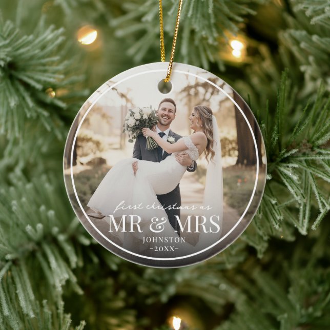 Adorno De Cerámica Mr & Mrs First Chirstmas Boarder Custom Photo  (Árbol)