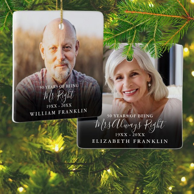 Adorno De Cerámica Mr. Y Mrs. Right Fun 2 Photo Aniversario (Mr And Mrs Right Fun 2 Photo Anniversary Ceramic Ornament)