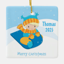 Adorno De Cerámica Muchacho en el trineo, navidad
