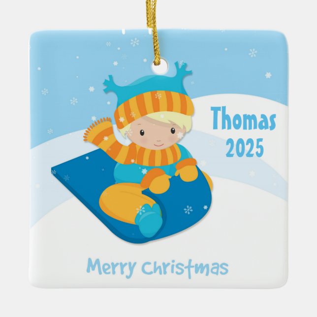 Adorno De Cerámica Muchacho en el trineo, navidad (Anverso)