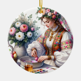Adorno De Cerámica Mujer acuarela búlgara de Pascua florece huevos