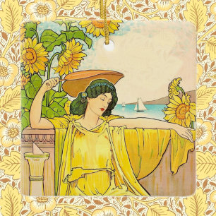 Adorno De Cerámica Mujer Art Nouveau con girasoles