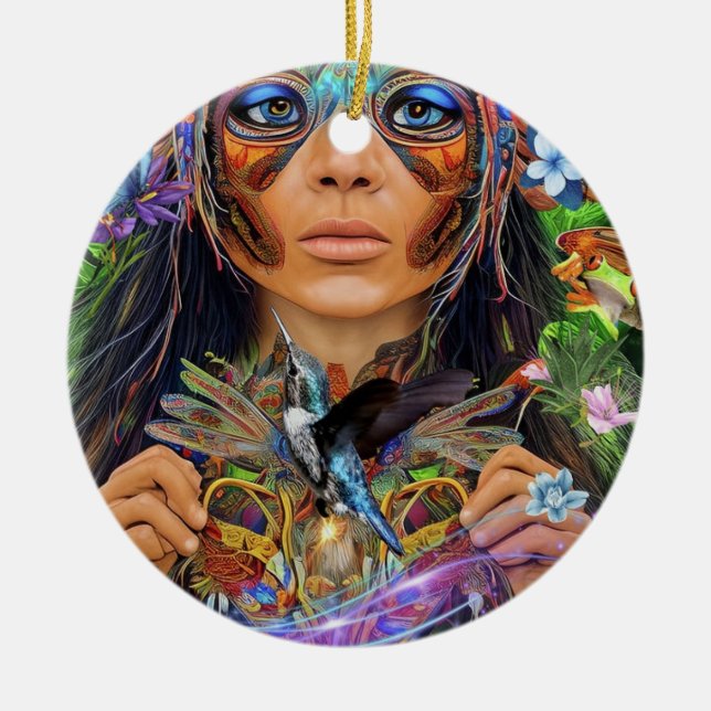 Adorno De Cerámica Mujer de la selva tropical azul (Frente)