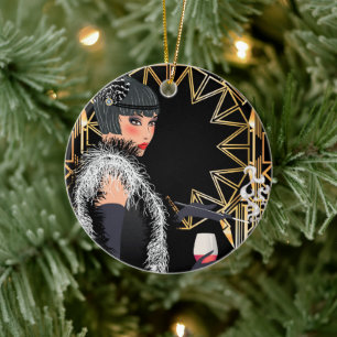 Adorno De Cerámica Mujer de moda retro con un vaso de vino