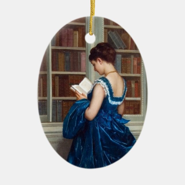 Adorno De Cerámica Mujer en azul leyendo un libro (Frente)