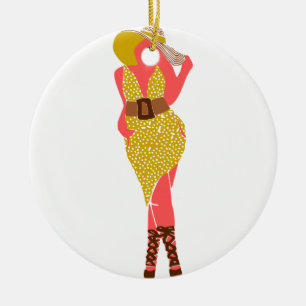 Adorno De Cerámica Mujer gruesa vestida de polka