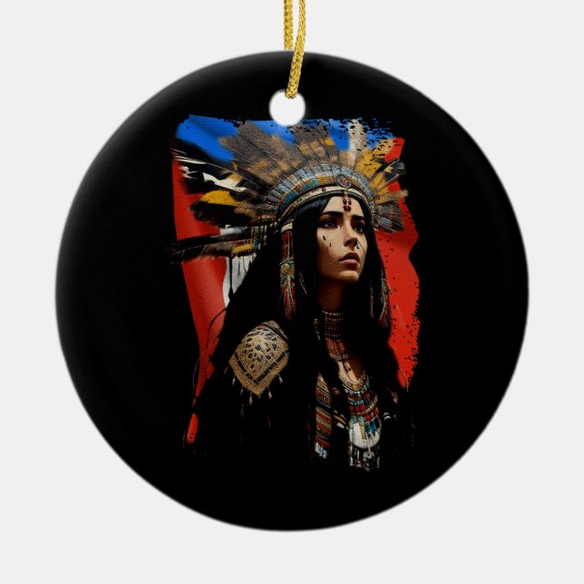 Adorno De Cerámica Mujer indígena taína Bandera puertorriqueña Caribe (Frente)