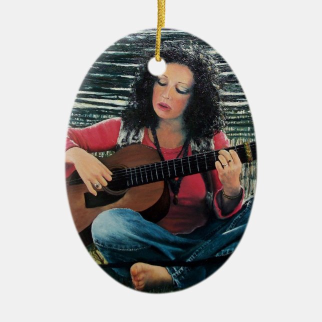 Adorno De Cerámica Mujer Jugando Música Con Guitarra Acústica (Frente)