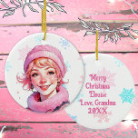 Adorno De Cerámica Mujer Navidad de moda en rosa<br><div class="desc">adorno navideño personalizado bonito con una hermosa mujer retro en un gorra rosa rodeado de copos de nieve rosa y azul. La parte posterior se puede personalizar con un mensaje personalizado.</div>
