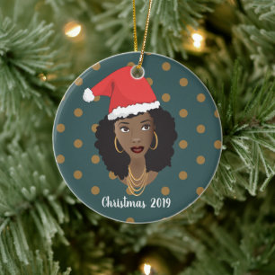 Adorno De Cerámica Mujer negra, Navidades Santa Hat, Polka Dot Verde
