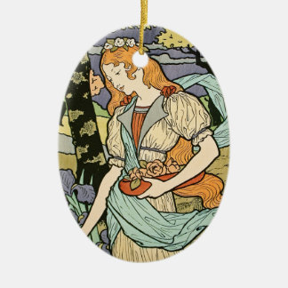 Adorno De Cerámica Mujer pelirroja recogiendo flores Art Nouveau
