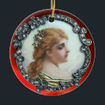 ADORNO DE CERÁMICA MUJER ROMÁNTICA CON FLORES DE DIAMANTE ENAMILIAR D<br><div class="desc">Elegante esmalte vintage impreso,  retrato romántico de dama con diamantes. Vibrantes piedras de rubí rojo 3D</div>