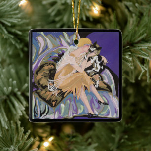 Adorno De Cerámica Mujer Vintage Art Déco con Gato de S. Chompre
