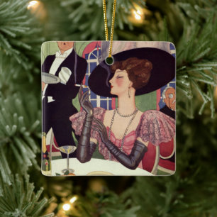 Adorno De Cerámica Mujer Vintage Fumando Cigarrillo Bebiendo Champán