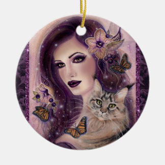 Adorno De Cerámica Mujeres de fantasía con gato por Renee Lavoie