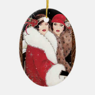 Adorno De Cerámica Mujeres de la década de 1920 en abrigos de inviern