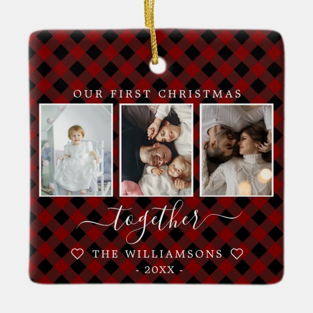 Adorno De Cerámica Multifoto de plaid rojo primera Navidad juntos (Anverso)