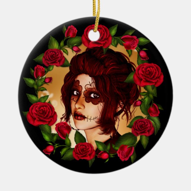 Adorno De Cerámica Muñeca azucarera de rosas rojas (Frente)