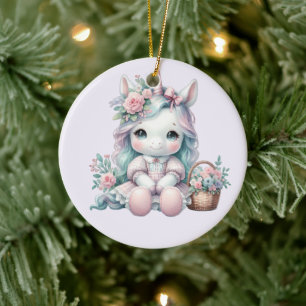 Adorno De Cerámica Muñeca de Unicornio Kawaii Pastel con Cesta de Flo