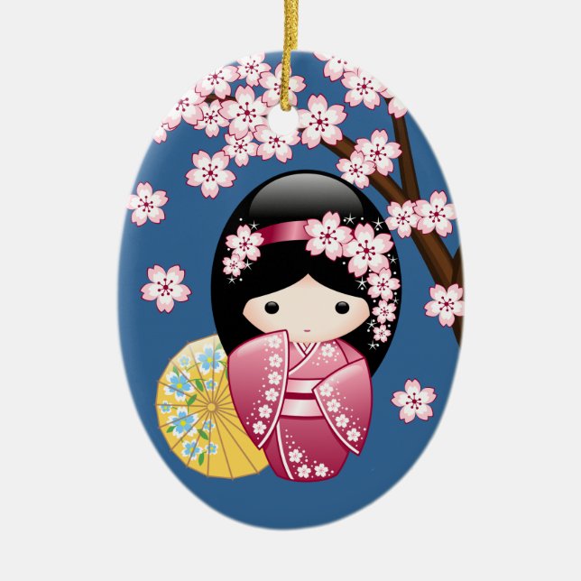 Adorno De Cerámica Muñeca Kokeshi de primavera - Geisha japonesa suav (Frente)