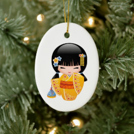 Adorno De Cerámica Muñeca Kokeshi de Verano - Niña con Kimono Amarill