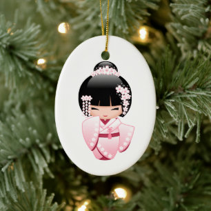Adorno De Cerámica Muñeca Kokeshi Kimono Rosa