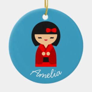 Adorno De Cerámica Muñecas japonesas kokeshi, naranja lindo