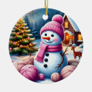 Adorno De Cerámica Muñeco de nieve alegre junto al árbol de Navidad e