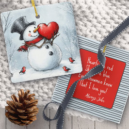 Adorno De Cerámica Muñeco de nieve con un gran corazón y poema