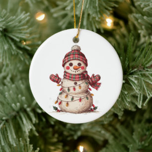 Adorno De Cerámica Muñeco de nieve de Navidad Bufanda de cuadros Gorr