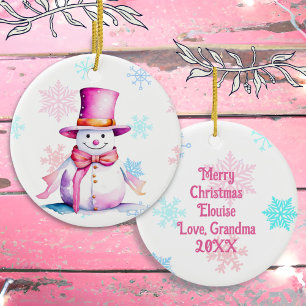 Adorno De Cerámica Muñeco de nieve de Navidad clásico de rosa