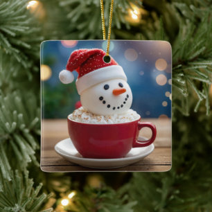 Adorno De Cerámica Muñeco de Nieve de Navidad en Cacao Caliente