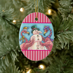 ADORNO DE CERÁMICA MUÑECO DE NIEVE FLAMENCO ROSA, PÁJAROS DIVERTIDOS 