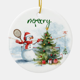 Adorno De Cerámica Muñeco de nieve juega tenis Navidad acuarela