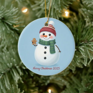 Adorno De Cerámica Muñeco de nieve sonriente con gorro navidad 2025