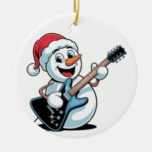 Adorno De Cerámica Muñeco de nieve tocando guitarra eléctrica Santa N