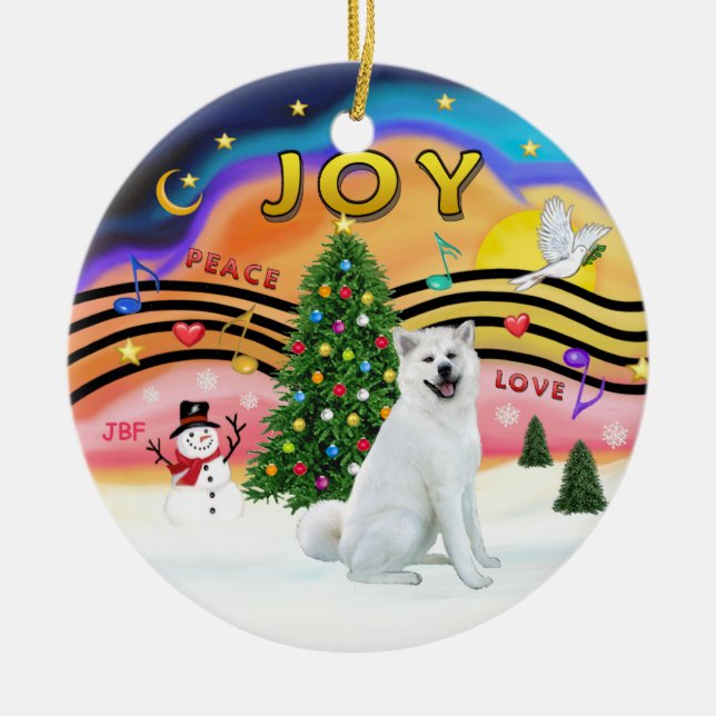 Adorno De Cerámica Música de Navidad - Akita (blanco) (Frente)