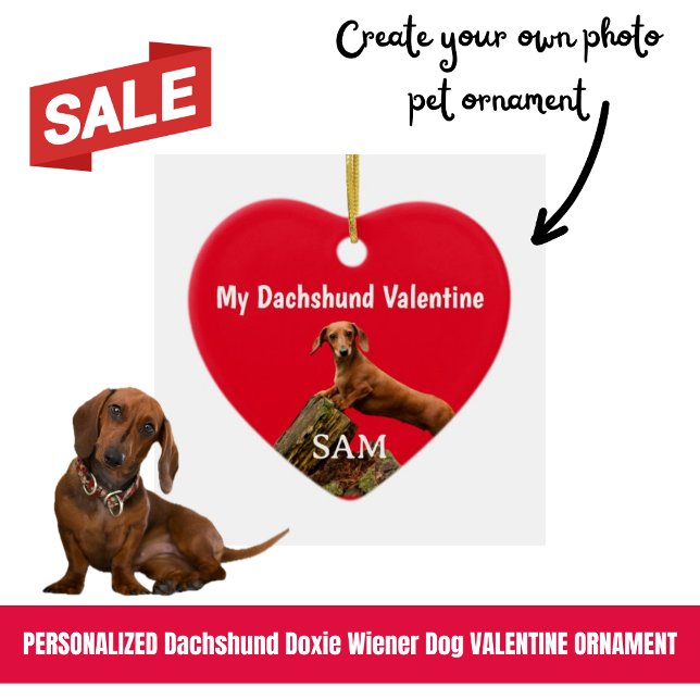Adorno De Cerámica My Dachshund Valentine Red Photo Name (Personalized Doxie Valentine Ornament)