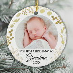 Adorno De Cerámica My First Christmas As Grandma Photo Gold Foliage<br><div class="desc">This elegant Grandma Christmas Ornament is decorated with gold foliage on a white background.
Easily customizable with baby's photo and year.
Original Watercolor © Michele Davies.</div>